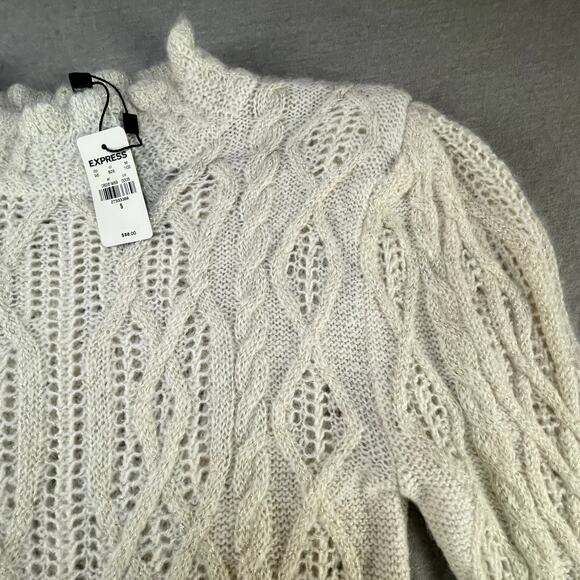 New Express Ruffle Mock Neck Pointelle Peplum Sweater White Gold Glam Holiday S - Picture 7 of 11